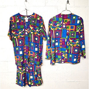 VTG 90s 3 Piece Short Set Tropical Medium Geometric Vibrant Print Retro Office